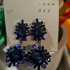 Blue, Jeweled dangle earrings.